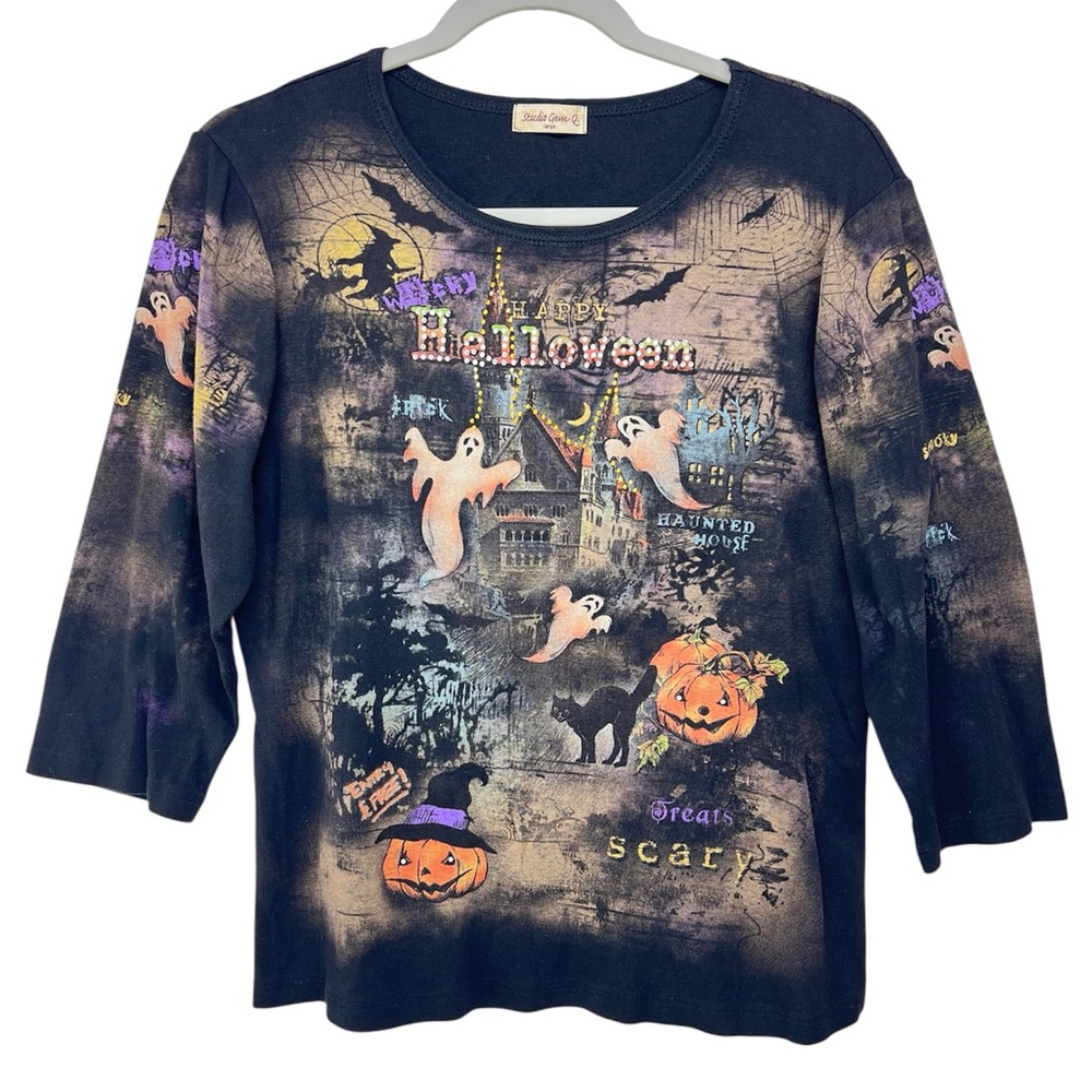 Vintage Y2K HalloweeStudio Gem Womens Ghosts Haunted House Bling Y2K Shirt Large
